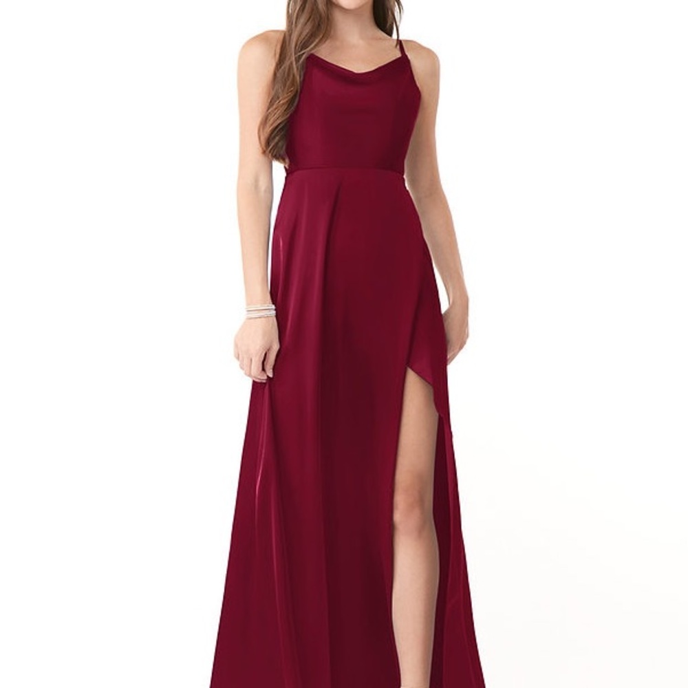 Burgundy A-Line Cowl Neckline Side Slit Stretch Satin Dress Bridesmaid Dress